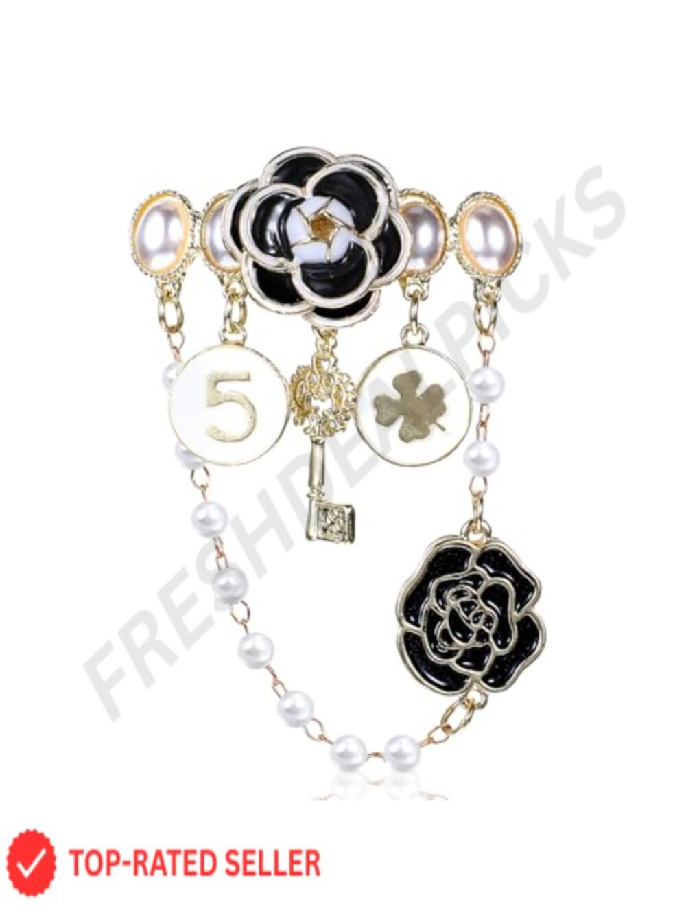 Imitation Pearl Dangle Chain Brooch Vintage Lapel Pin Four Leaf Clover